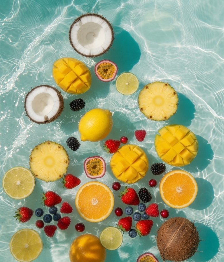 Fresh tropical fruit and berries in clear water
