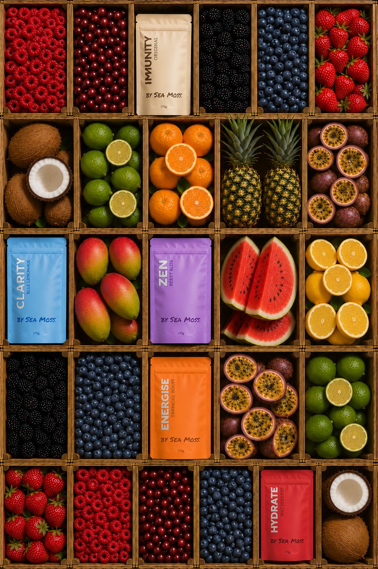 The By Sea Moss. range styled in a grid with fresh fruit
